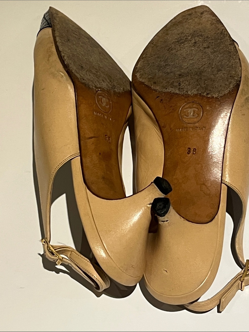 CHANEL Beige Leather Slingback Heels with Black Quilted Toe - Picture 8 of 11